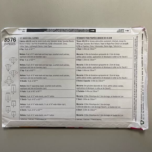 Simplicity 8576 Sewing Pattern 18" Unisex Doll Clothes Hoodies Shorts Tops Pants - Picture 2 of 6